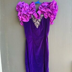 Vintage purple velvet cocktail dress with delicate beading and ruffle neckline
